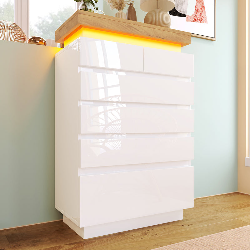 Kommode, Hochglanz Sideboard mit 6 Schubladen, LED Beleuchtung (App Control), Mehrzweckschrank für Wohnzimmer und Schlafzimmer, 115 x 73 x 39 cm, Weiß