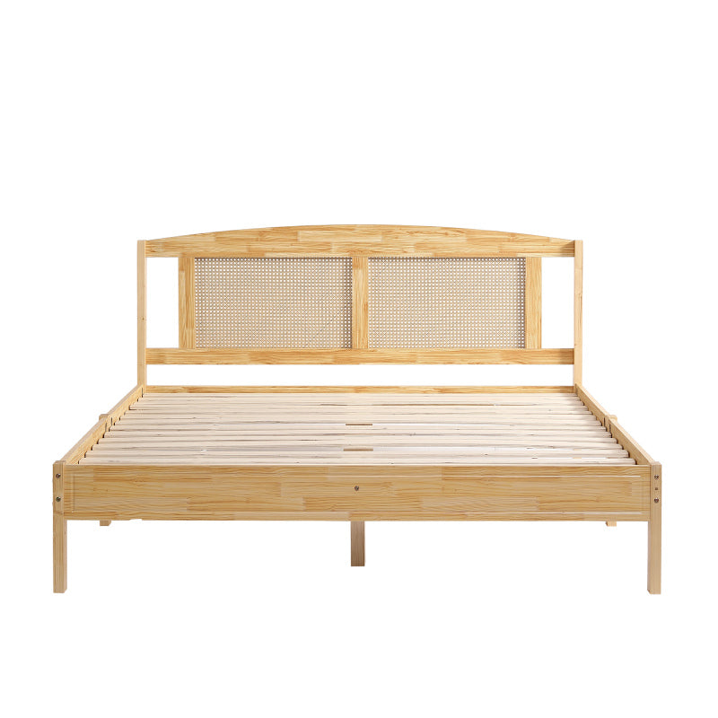 Doppelbett, Rattanbett, Jugendbett Erwachsenenbett 160X200cm, Rattannetzkissen, mit 15 Latten und Mittelfüße, Kiefer + PE-Rattan, Natur