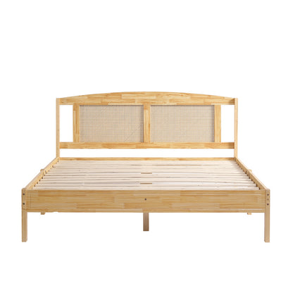 Doppelbett, Rattanbett, Jugendbett Erwachsenenbett 160X200cm, Rattannetzkissen, mit 15 Latten und Mittelfüße, Kiefer + PE-Rattan, Natur