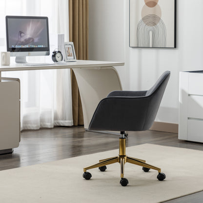Neuer höhenverstellbarer Drehstuhl aus Samtstoff für das Büro im Innenbereich mit goldenen Beinen, grau