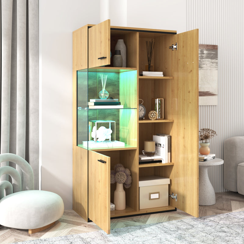 Moderne Vitrine mit LED-Beleuchtung - 150Hcm - Glastür, Mehrzweckregale, 15 Farboptionen, Großer Stauraum, Glasboden, Schaukasten, Präsentationsmöbel, Schrank mit Beleuchtung,Möbel mit Glastür