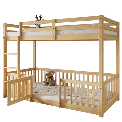 Etagenbett mit rechtwinkliger Treppe, Bett mit Zäune und Türchen, Kinderbett mit Fallschutz und Gitter, Massivholz, natur (200x90cm)