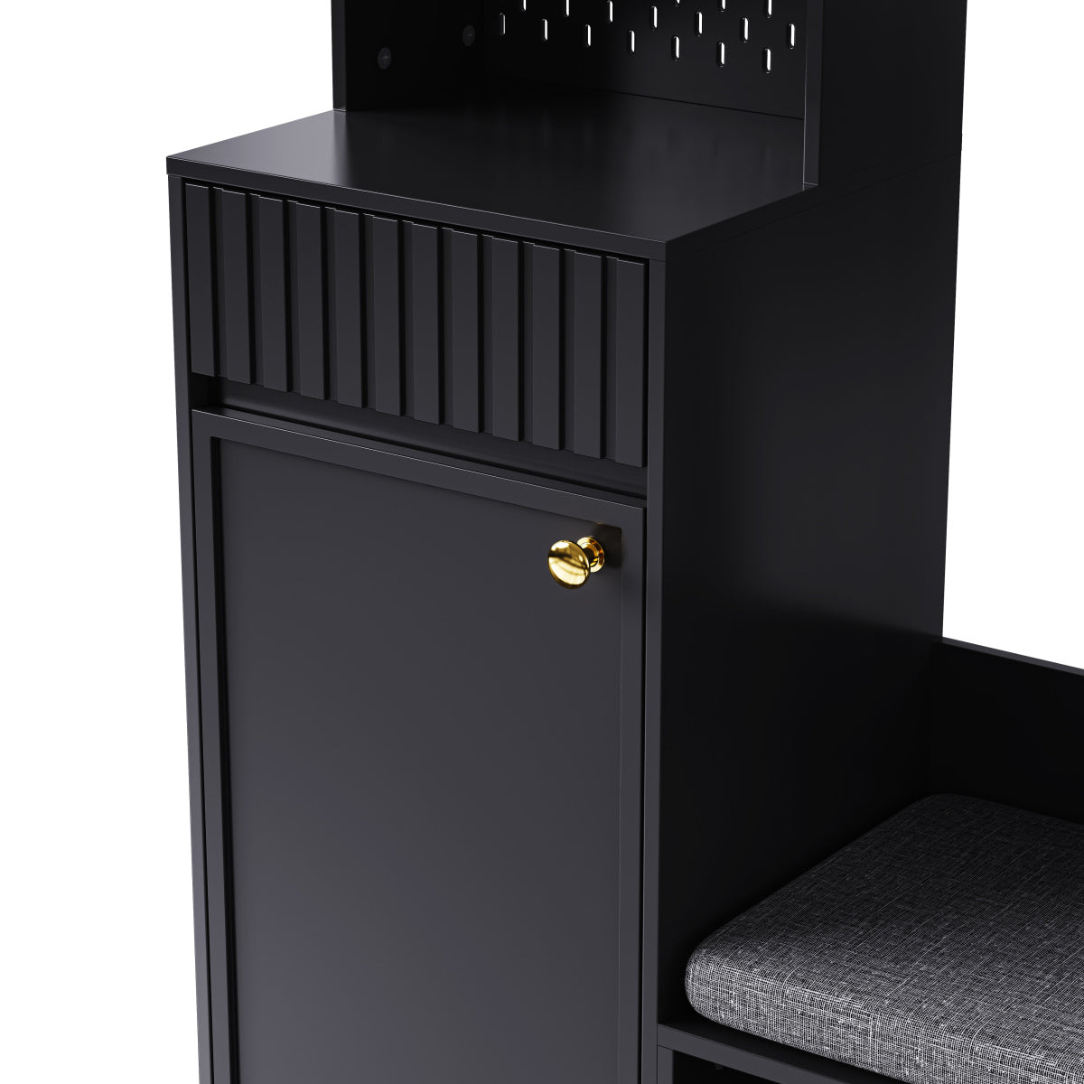 Garderobenset mit Sitzbank, Pegboard, 4 Haken, 2 Schubladen & Schrank, MDF, Schwarz, 100×35×180 cm