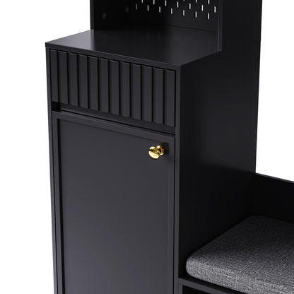 Garderobenset mit Sitzbank, Pegboard, 4 Haken, 2 Schubladen & Schrank, MDF, Schwarz, 100×35×180 cm