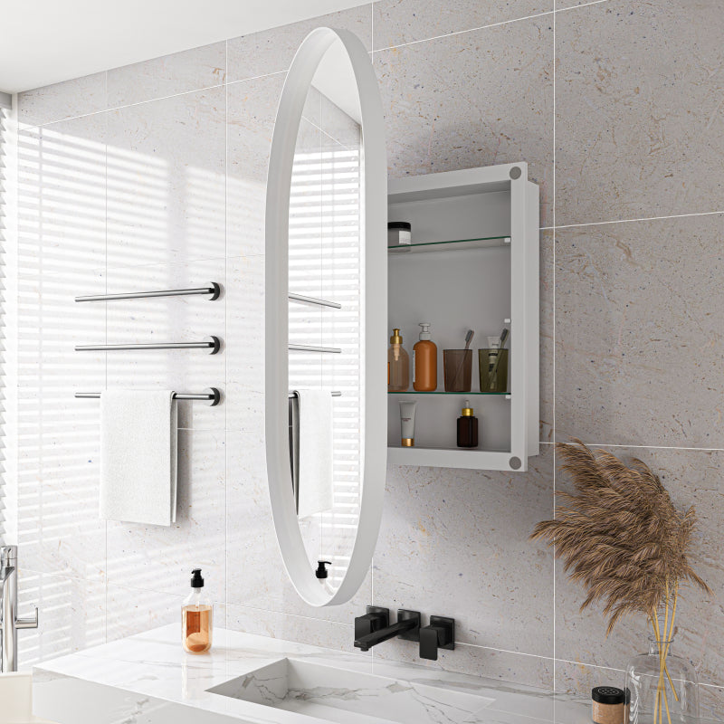 Stylish Oval Mirror Cabinet, Recessed Medicine Cabinet, Wall Cabinet with Metal Framed, Mirror and Adjustable Shelves, Mirror Cabinet with Storage for Bathroom, Living Room and Bedroom, White