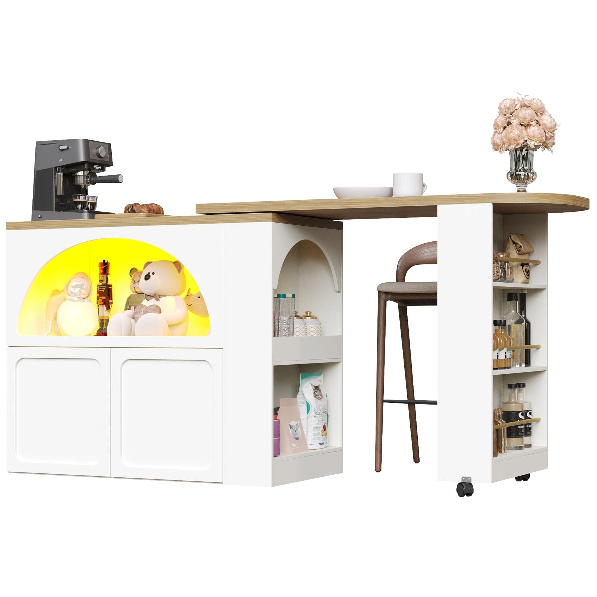 Ausziehbarer Bartisch 135-205cm mit LED & USB, Mobiler Hochtisch Weiß, Teleskop-Kücheninsel mit Stauraum & Soft-Close, Modernes Bogendesign