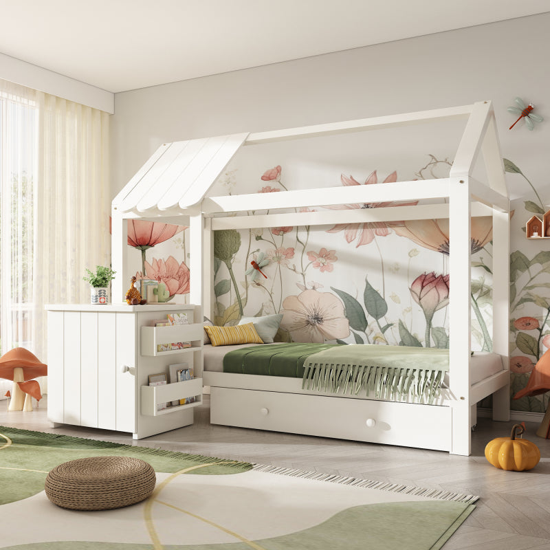 Hausbett Kinderbett 90x200 cm aus Massivholz mit Schubladen & abnehmbarem Nachttisch - Bodenbett in Weiß, ohne Matratze