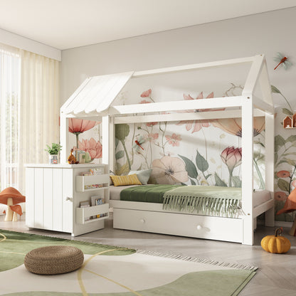 Hausbett Kinderbett 90x200 cm aus Massivholz mit Schubladen & abnehmbarem Nachttisch - Bodenbett in Weiß, ohne Matratze