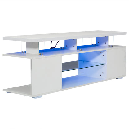Moderner Low-Panel-Hochglanz-TV-Ständer mit LED-Beleuchtung, TV-Panel, TV-Glasschrank für 60-Zoll-Fernseher, Tische, universelle Gaming-Medienständer, Stauschränke und große Stauräume, Reinweiß