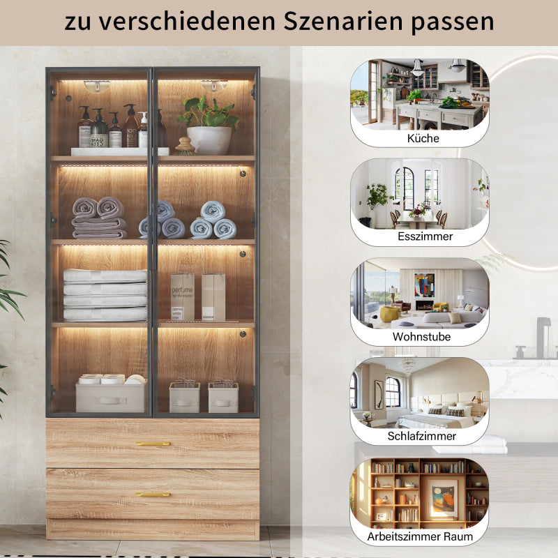 Badezimmerschrank, mittel, mit Lichtleiste, 75 cm breit, mit 2 großen Schubladen und 2 Türen, Glastür