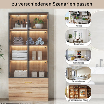 Badezimmerschrank, mittel, mit Lichtleiste, 75 cm breit, mit 2 großen Schubladen und 2 Türen, Glastür