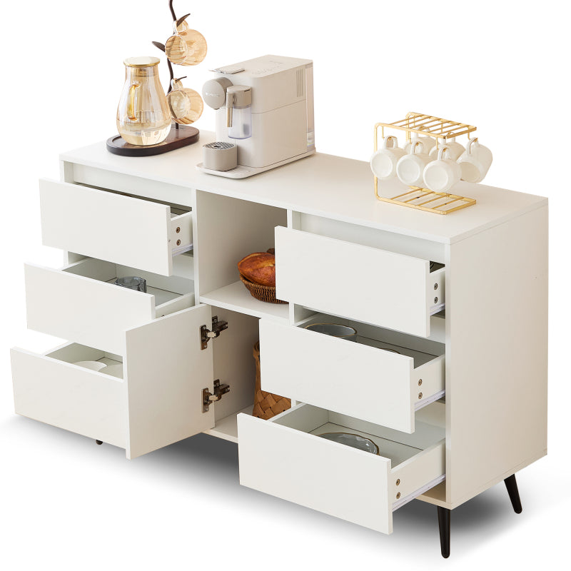 Modernes weißes Sideboard mit LED-Beleuchtung, 6 geräuschlosen Schubladen, Push-Open-Türen, Hochglanzlackierung, mattschwarzen Metallbeinen, 120x40x80 cm – ideal für Küchen, Ess- und Wohnbereiche