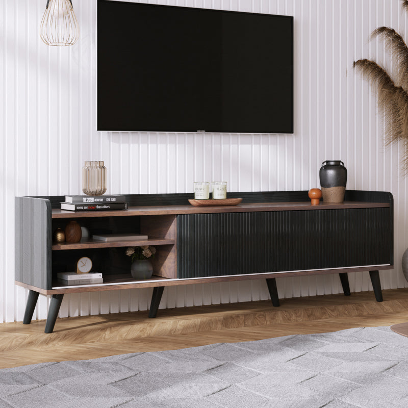 TV-Schrank mit zwei Schubladen, Fernsehtisch TV Board, TV- Lowboard niedrige Platte mit zwei Schiebetüren. Exquisite Textur. Schwarz und natürliches Holzfarbe. H58/L160/T40 cm