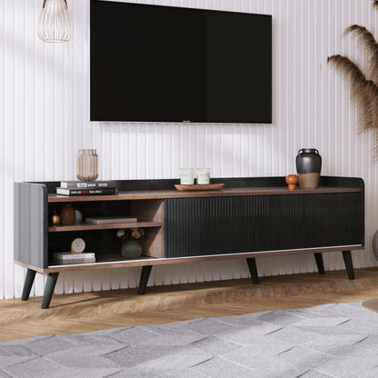 TV-Schrank mit zwei Schubladen, Fernsehtisch TV Board, TV- Lowboard niedrige Platte mit zwei Schiebetüren. Exquisite Textur. Schwarz und natürliches Holzfarbe. H58/L160/T40 cm