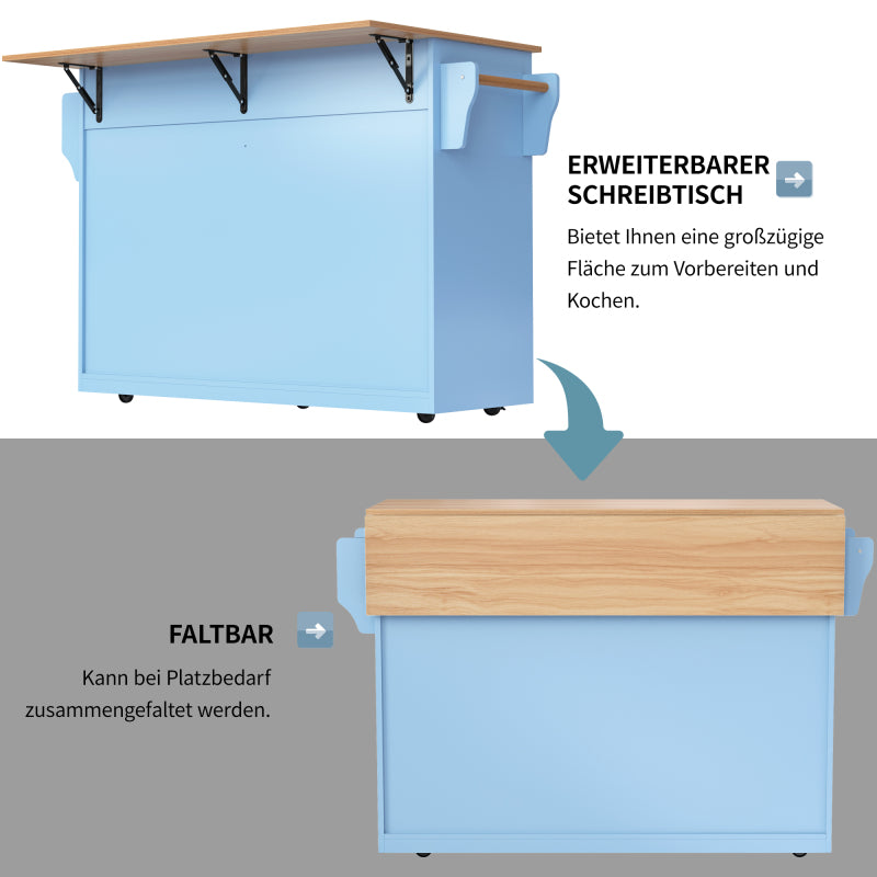 Servierwagen mit klappbarer Tischplatte, 120x46(70)x91 cm, Blau, mit Rollen und austauschbaren Holzbeinen, ideal für Küche und Esszimmer