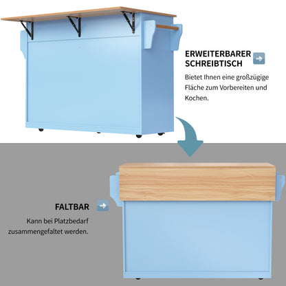 Servierwagen mit klappbarer Tischplatte, 120x46(70)x91 cm, Blau, mit Rollen und austauschbaren Holzbeinen, ideal für Küche und Esszimmer