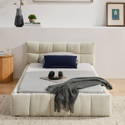 Einzelbett 90*200 cm, Kinderbett mit seidig weichem Chenille - Bezug, quadratischem Steppdesign, Beige (ohne Matratze)