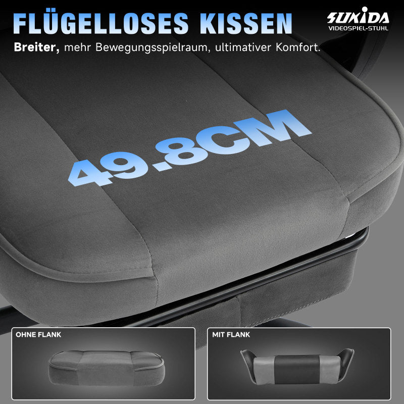 Gaming Stuhl Stoff, Ergonomischer Gaming Chair mit Fußstütze, Verstellbarer Racing Computerstuhl mit Lordosenstütze, Grau Ergonomisch PC-Stuhl