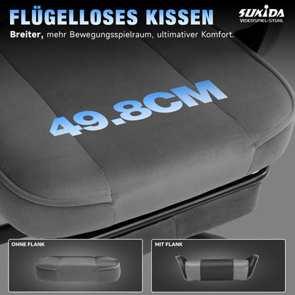 Gaming Stuhl Stoff, Ergonomischer Gaming Chair mit Fußstütze, Verstellbarer Racing Computerstuhl mit Lordosenstütze, Grau Ergonomisch PC-Stuhl