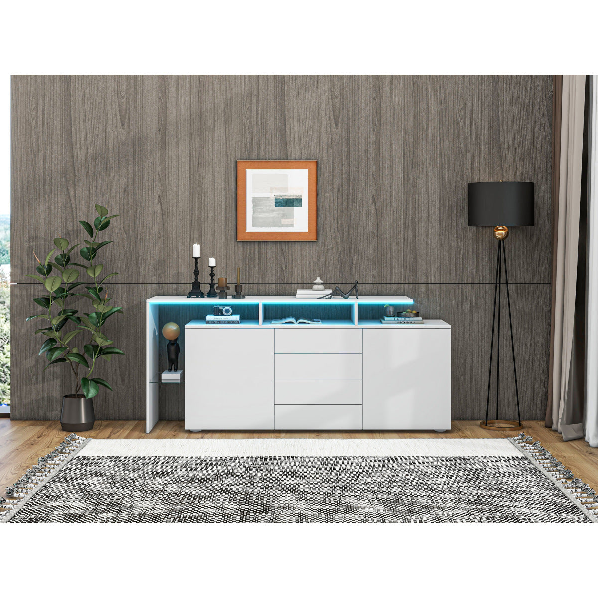 Modernes Sideboard 160cm mit LED-Beleuchtung & App-Steuerung, Hochglanz-Fronten, 4 Schubladen & Glasfach, TV-Schrank Kommode Weiß/Anthrazit