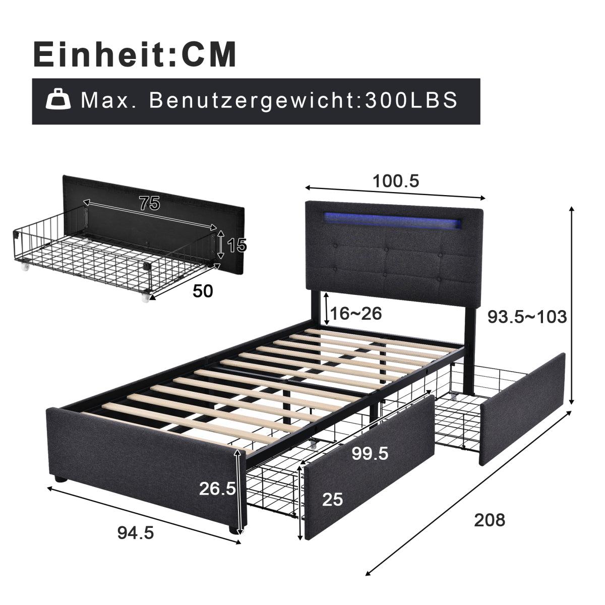 Polsterbett 90x200cm mit LED & 2 Schubladen - Einzelbett Grau, Verstellbares Kopfteil & Lattenrost - Modernes Bettgestell (Ohne Matratze)