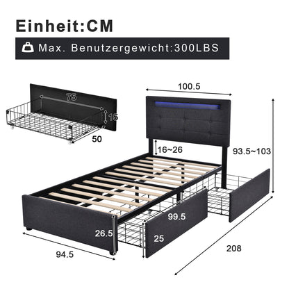Polsterbett 90x200cm mit LED & 2 Schubladen - Einzelbett Grau, Verstellbares Kopfteil & Lattenrost - Modernes Bettgestell (Ohne Matratze)