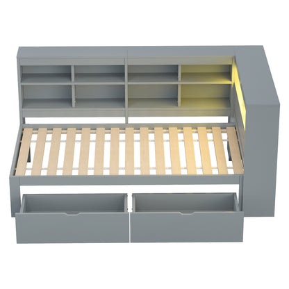 Massivholz-Einzelbett 90x200 Weiß mit LED & USB-Steckdose - Multifunktionales Schlafsofa mit Regalen, Ablagefächern & viel Stauraum, Grau