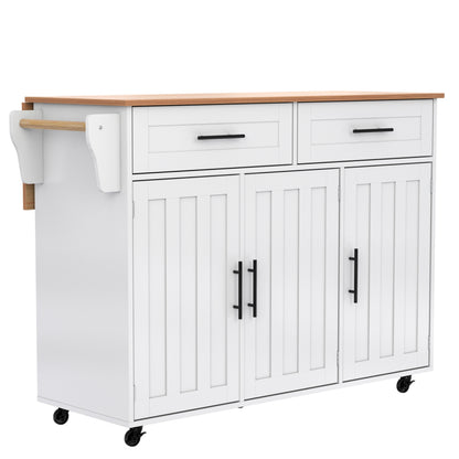 129x46(71)x91,5 cm großer Speisewagen/Sideboard, Arbeitsplatte mit Massivholzmaserung + Weiß Schrank/faltbare Arbeitsplatte/Aufbewahrungstür-Design/Räder/Massivholzfüße umschaltbar/für Zuhause geeig