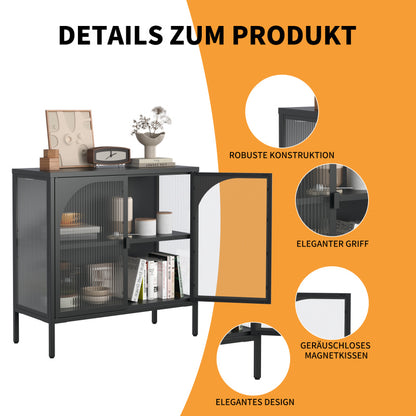 Metallseitenbrett-Schrank, Akzent-Speicherschrank mit 2 Glasklappen, Moderner Kaffebar-Schrank mit Einstellbaren Regalen für Küche, Wohnzimmer und Flur, eisenhaltig, H80cm×B80cm×T35cm