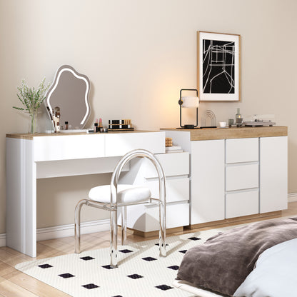 Schreibtisch mit 5 Schubladen,Frisiertisch, Funktion von Aufbewahrung, für Schlafzimmer , E1-Spanplatte, weiß+oak