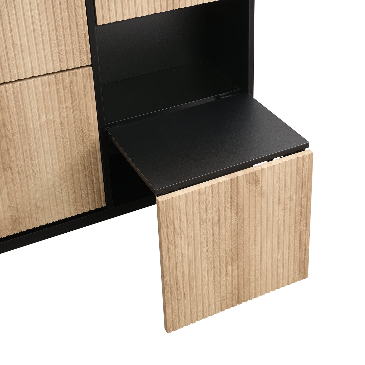 Schuhschrank mit Schuhwechselhocker, dreifach klappbarem Schuhregal und offenem Stauraum, geeignet für Flure, Schwarz + Holzfarbe