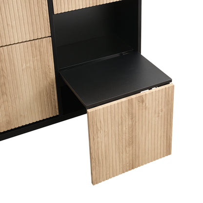 Schuhschrank mit Schuhwechselhocker, dreifach klappbarem Schuhregal und offenem Stauraum, geeignet für Flure, Schwarz + Holzfarbe