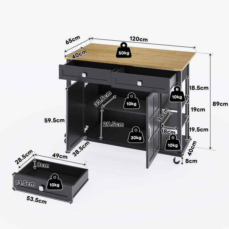 Multifunktionaler Küchenwagen mit klappbarer Arbeitsplatte, 120×65 cm erweiterbar, 2 Schubladen, geräumige Aufbewahrung, auf Rollen – Stilvoller Servierwagen für Küche, Esszimmer & Wohnzimmer