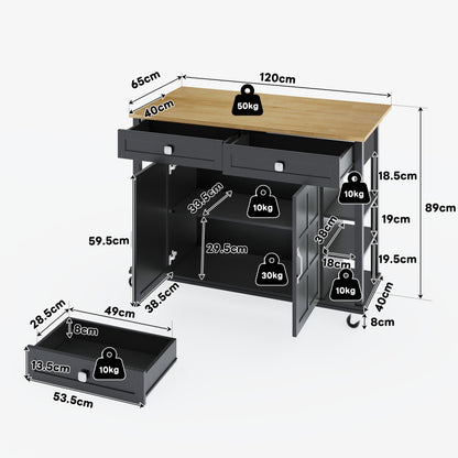 Multifunktionaler Küchenwagen mit klappbarer Arbeitsplatte, 120×65 cm erweiterbar, 2 Schubladen, geräumige Aufbewahrung, auf Rollen – Stilvoller Servierwagen für Küche, Esszimmer & Wohnzimmer