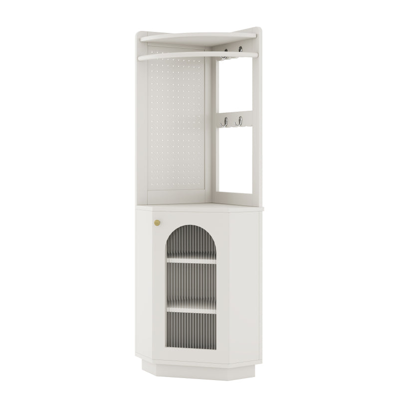Badschrank mit Lichtleiste, Badmöbel, Eckschrank mit Staufach, offenes Fach mit Haken, mit verstellbaren Einlegeböden, 45 x 45 x 166,6 cm, weiß