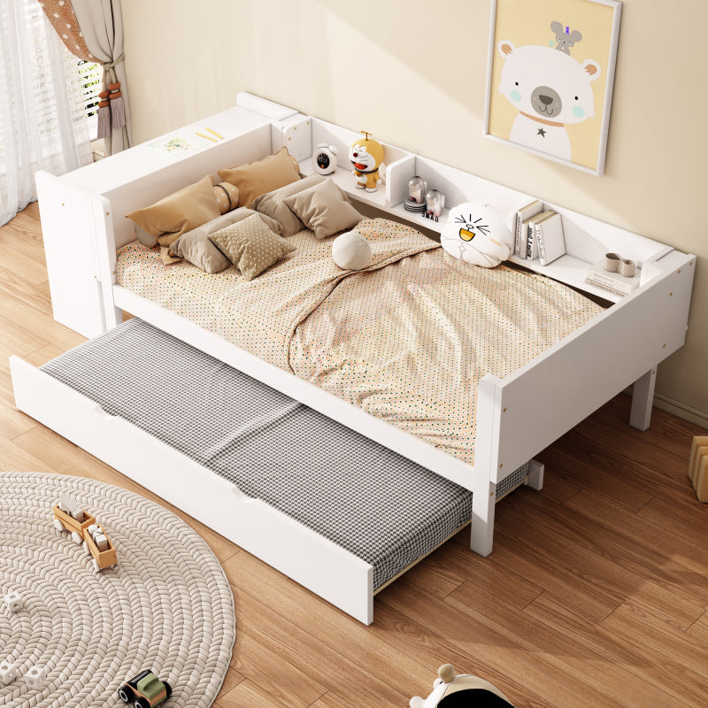 90*200cm, Flachbett, mit ausziehbarem Bett, mit Schreibtisch, drei Regale an der Seite des Bettes,  Weiß