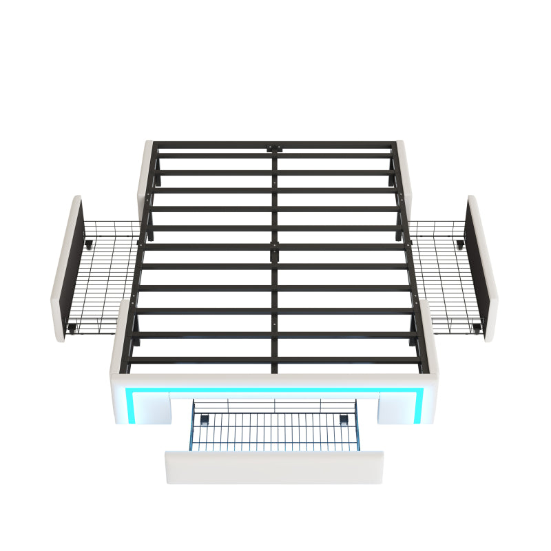 Bettgestell 140X200 mit Schubladen, PU-Leder Bett ohne Kopfteil Mit LED-Lichtleiste, MetalllattenPlattformbett für moderne Schlafzimmer Beige