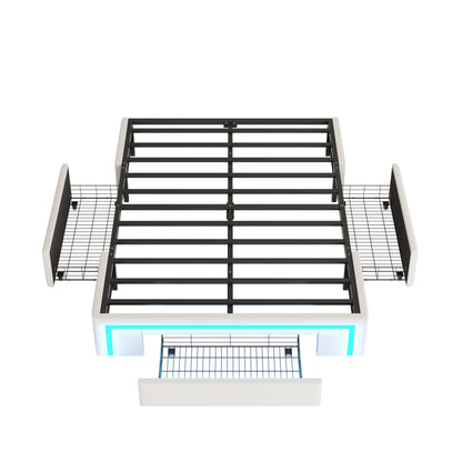 Bettgestell 140X200 mit Schubladen, PU-Leder Bett ohne Kopfteil Mit LED-Lichtleiste, MetalllattenPlattformbett für moderne Schlafzimmer Beige