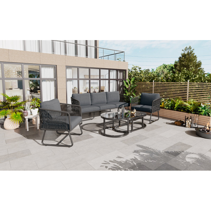 Garten-Lounge-Set mit Rahmen aus verzinktem Eisen, Gartenmöbel-Set aus Seil, graues Seil, verstellbare Füße, Tischplatte aus glattem Glas, 5er-Set, inklusive aller Sitz- und Rückenkissen