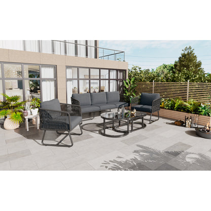 Garten-Lounge-Set mit Rahmen aus verzinktem Eisen, Gartenmöbel-Set aus Seil, graues Seil, verstellbare Füße, Tischplatte aus glattem Glas, 5er-Set, inklusive aller Sitz- und Rückenkissen