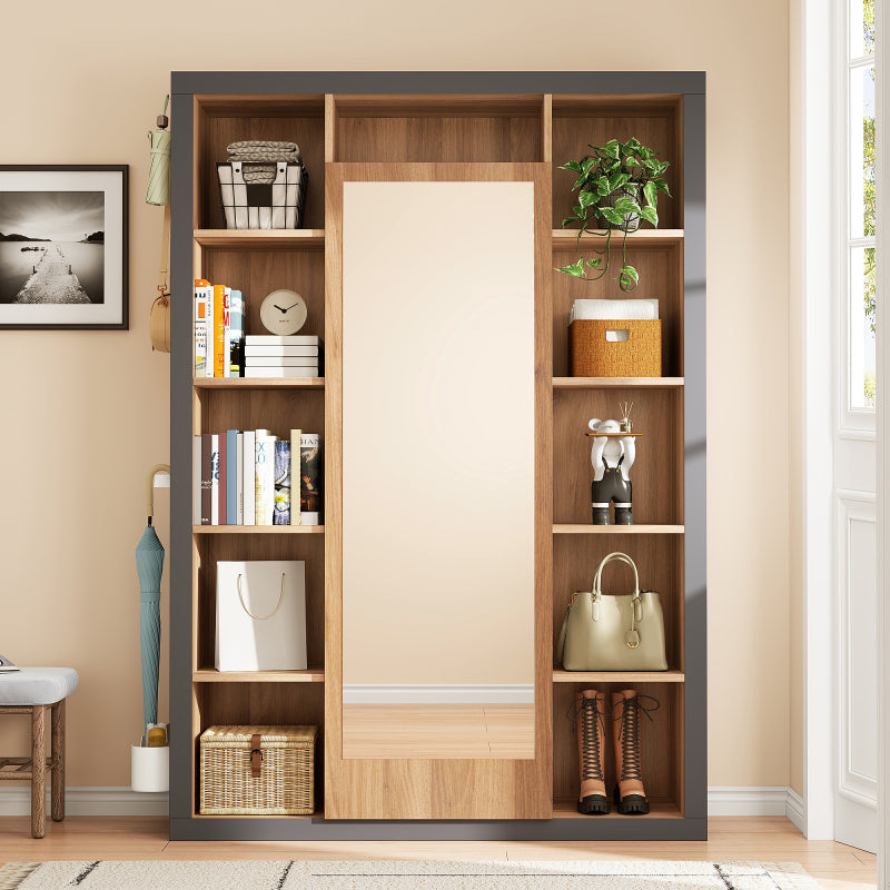 Garderobengestell mit Spiegel, Multifunktions Garderobe und Vitrine, Bücherregal Kombination mit Abtropfschale, Haken und Kleiderbügeln