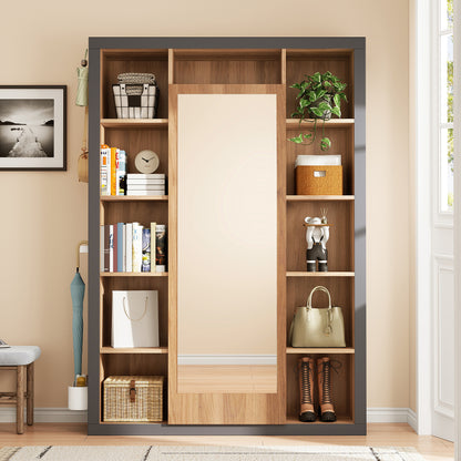 Garderobengestell mit Spiegel, Multifunktions Garderobe und Vitrine, Bücherregal Kombination mit Abtropfschale, Haken und Kleiderbügeln