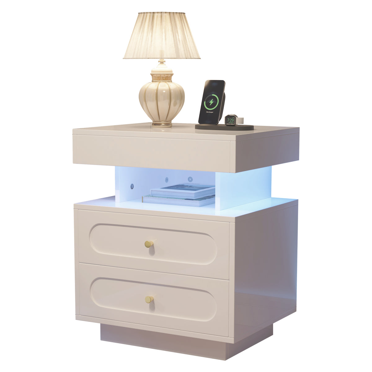 Nachttisch mit LED-Beleuchtung, Nachtkommode mit 2 Schubladen & offenem Fach, weißer Nachtschrank aus Spanplatte, B50×T40×H60 cm