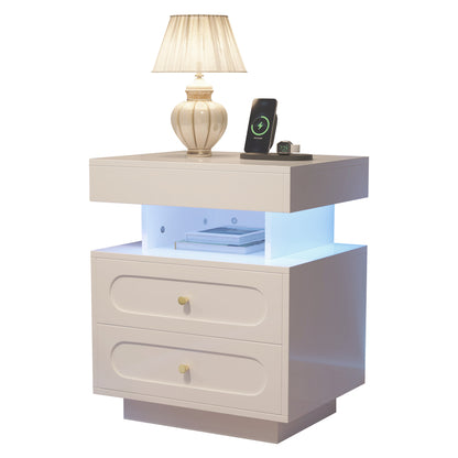 Nachttisch mit LED-Beleuchtung, Nachtkommode mit 2 Schubladen & offenem Fach, weißer Nachtschrank aus Spanplatte, B50×T40×H60 cm