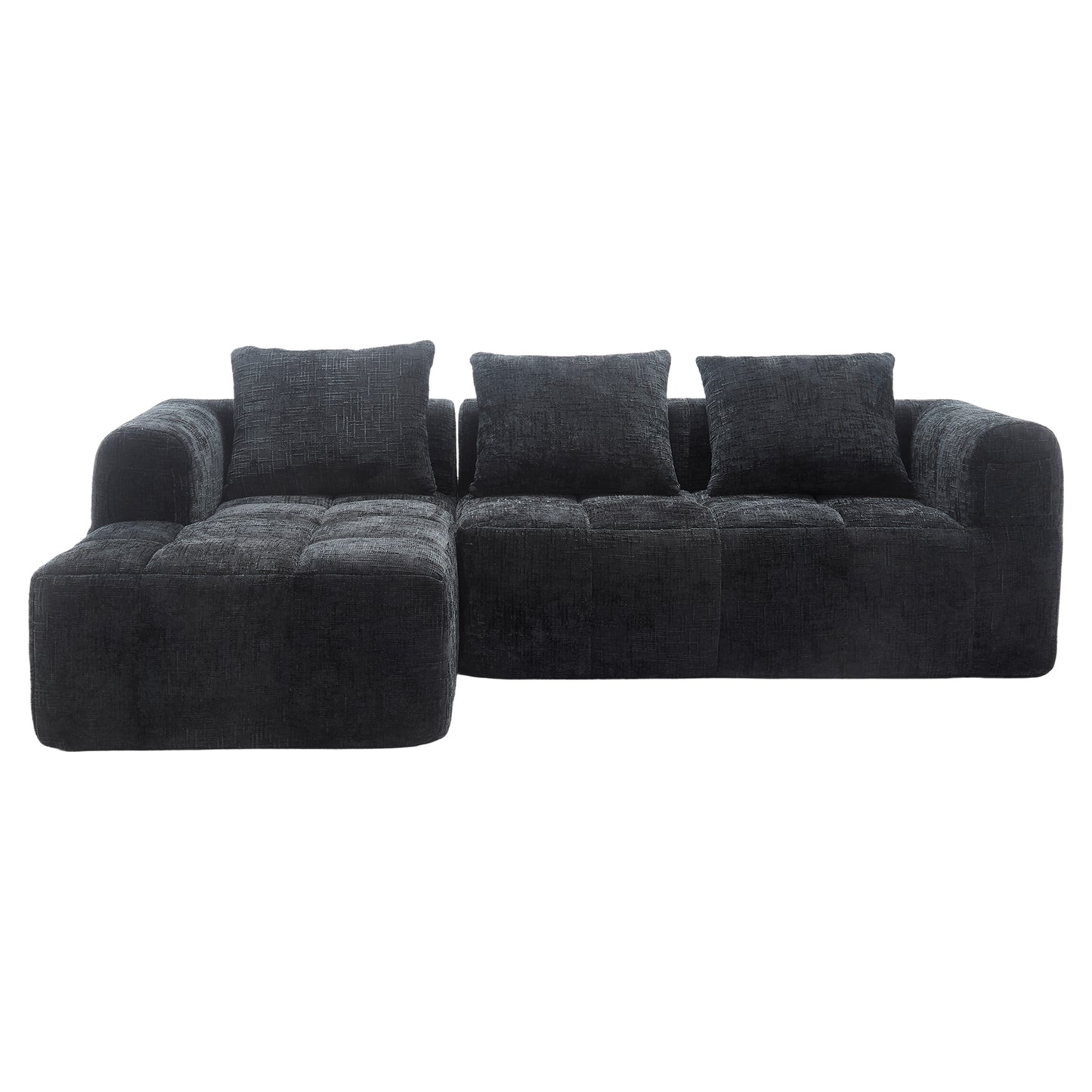 Modernes Sektionssofa, L-Sofa, 3-Sitzer-Sofa, keine Installation erforderlich, Chenille-Sofa mit Chaiselongue und Armlehnen, 3 Kissen, Seitentasche für Fernbedienung, Schwarz