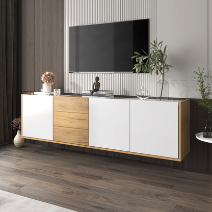 TV-Schrank, niedriges Paneel in Weiß und Holzfarben, TV-Möbel, die an die Wand gehängt oder auf den Boden gestellt werden können