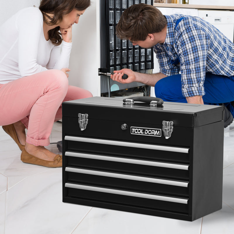 20,3 Zoll Metall-Werkzeugkasten mit Schubladen, tragbarer Werkzeugkasten aus Stahlmetall mit Schutzauskleidung (Schwarz, 4 Schubladen)