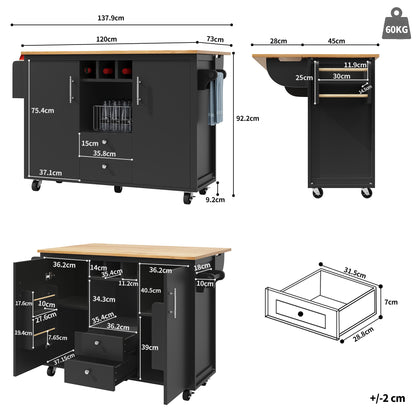 Kücheninsel Buffetschrank 120x73x92cm Küchenwagen klappbare Arbeitsplatte Handtuchhalter Gewürzregal Weinregal verstellbare Böden Küchenschrank Schwarz