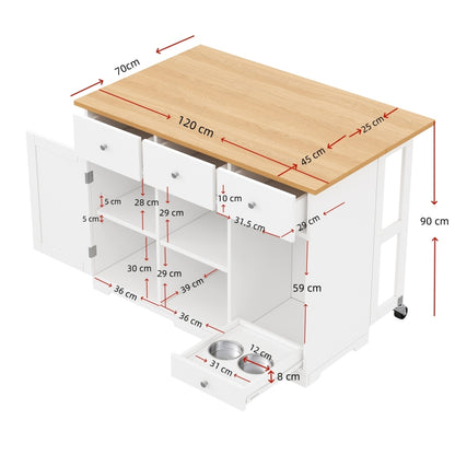Küchenwagen, mobiler Servierwagen, Kücheninsel mit Schublade, Küchenschrank mit Haustierfressnapf/Haustieressbereich, 120*70*90cm, weiß