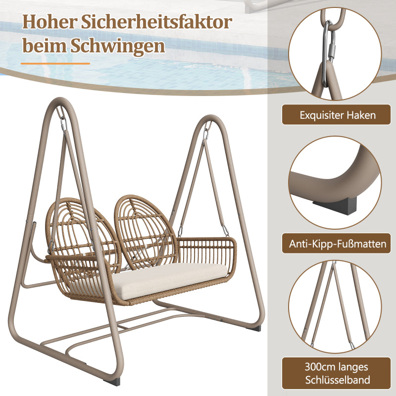 Gartenschaukel, Hollywoodschaukel mit Rückenlehne, Gartenmöbel-Set für den Außenbereich,Doppelschaukel aus PE-Rattan, 2 Sitze, Brauner Sitzrahmen und beiges Kissen